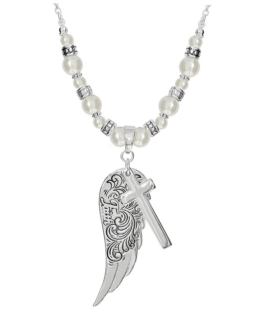 Faith Wing & Cross w/ Pearl Necklace
