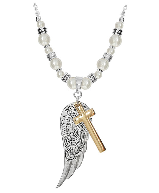 Faith Wing & Cross w/ Pearl Necklace