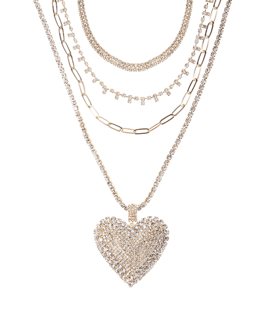 Rhinestone 2" Heart Multi Layer Necklace - 18"