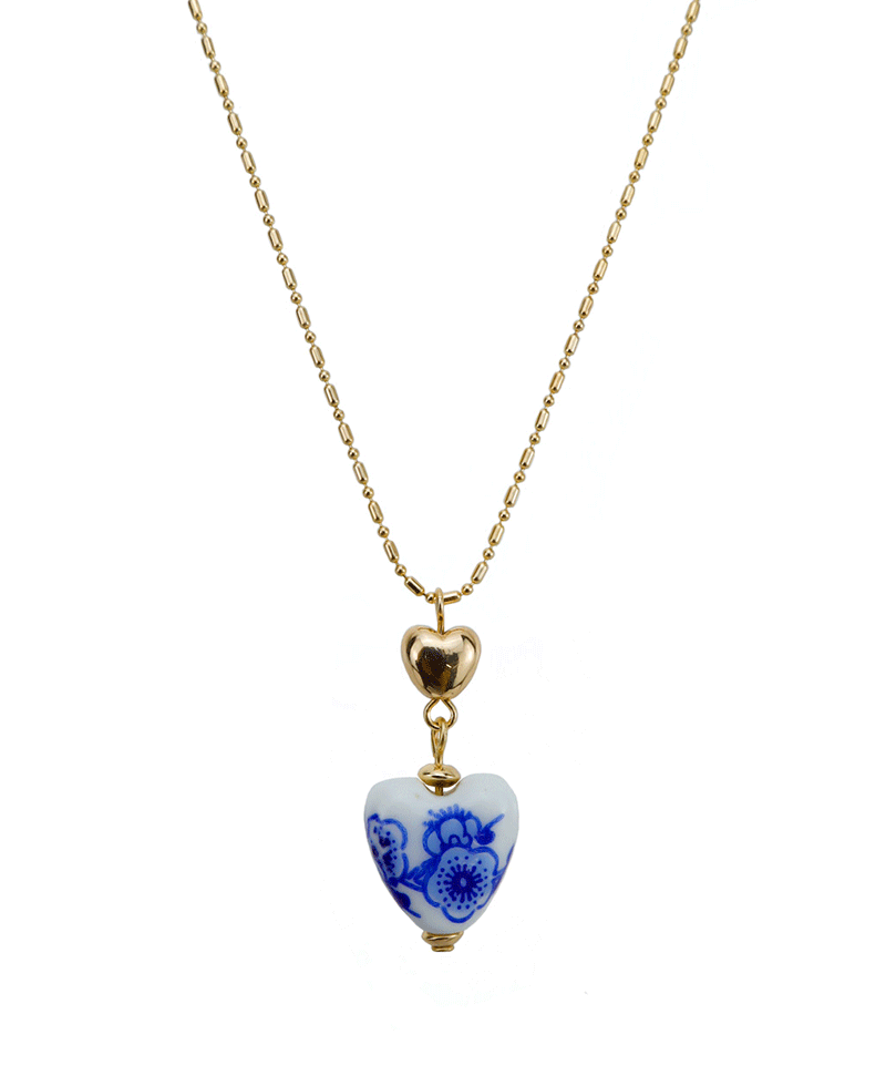 Blue Bead Heart Short Necklace - 16"