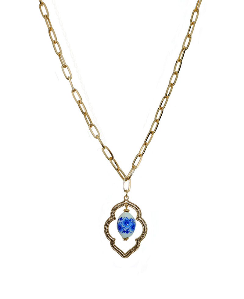 Blue Bead Moroccan Pendant Necklace - 16"