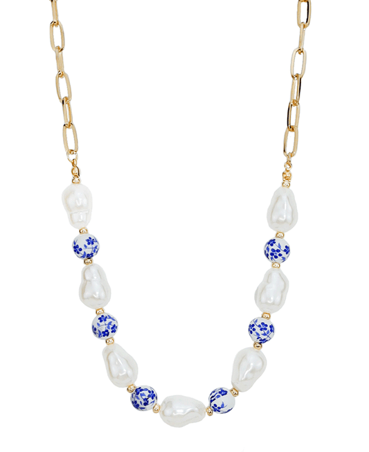 Blue & Baroque Pearl Short Necklace - 16"