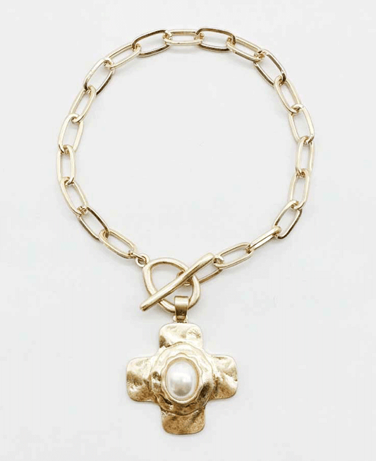 Hammered Cross w/ Stone Accent Chain Bracelet