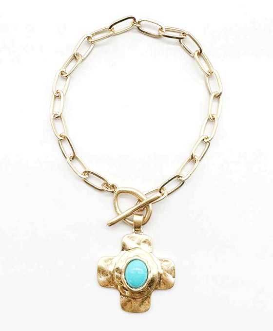 Hammered Cross w/ Stone Accent Chain Bracelet