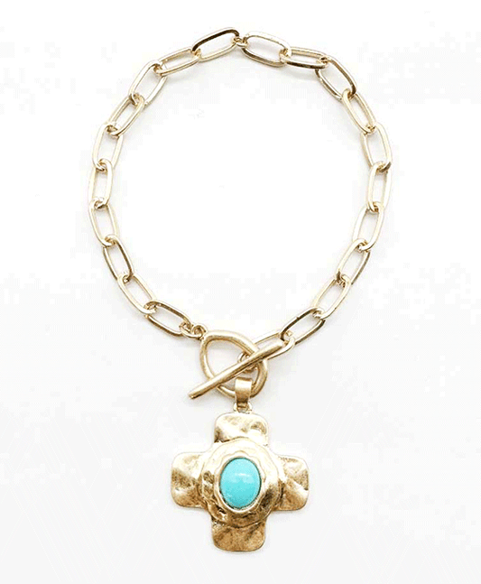 Hammered Cross w/ Stone Accent Chain Bracelet