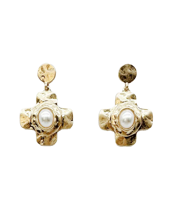Hammered Cross w/ Pearl Post Earring
