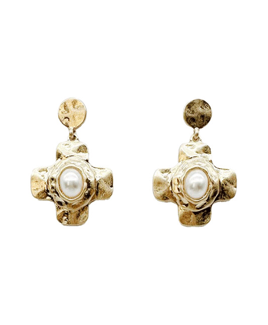 Hammered Cross w/ Pearl Post Earring