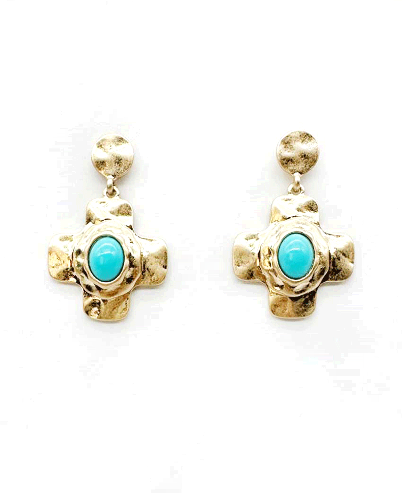 Oval Pearl / Stone Hammered Cross Earring