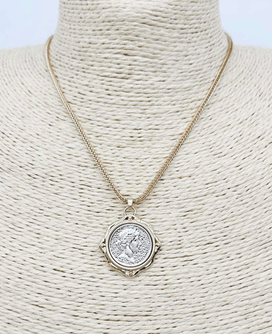 Two-toned Coin Pendant Short Necklace