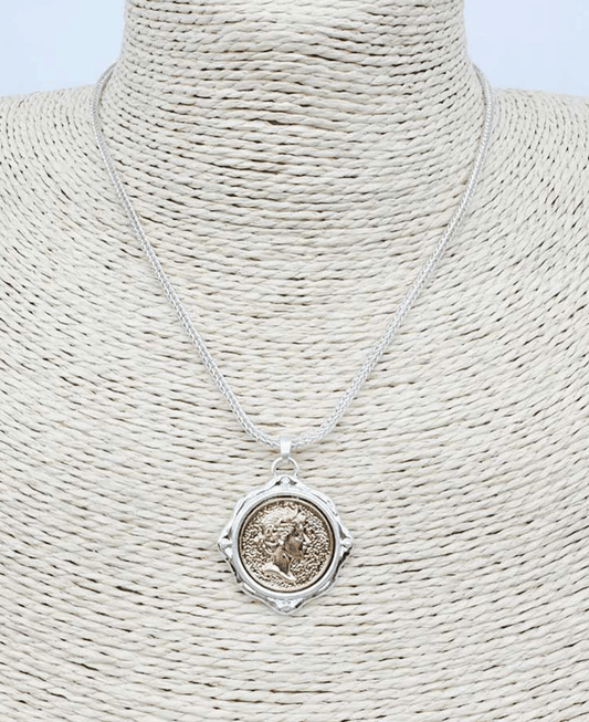 Two-toned Coin Pendant Short Necklace