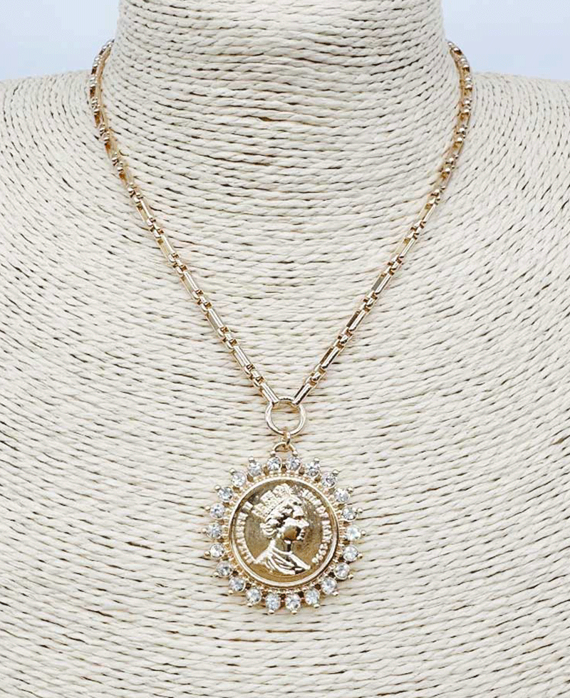 Queen Elizabeth Coin Rhinestone Halo Pendant Necklace