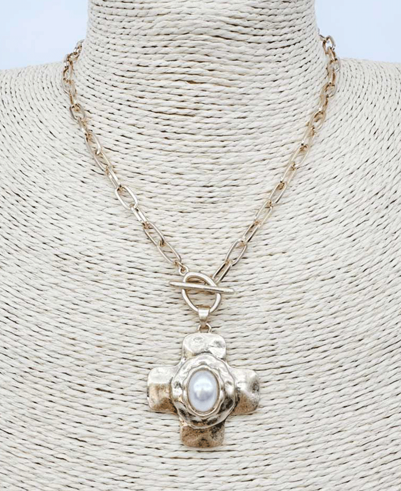 Oval Pearl / Stone Hammered Cross Toggle Necklace