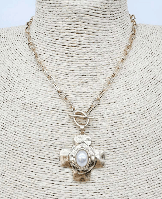 Oval Pearl / Stone Hammered Cross Toggle Necklace