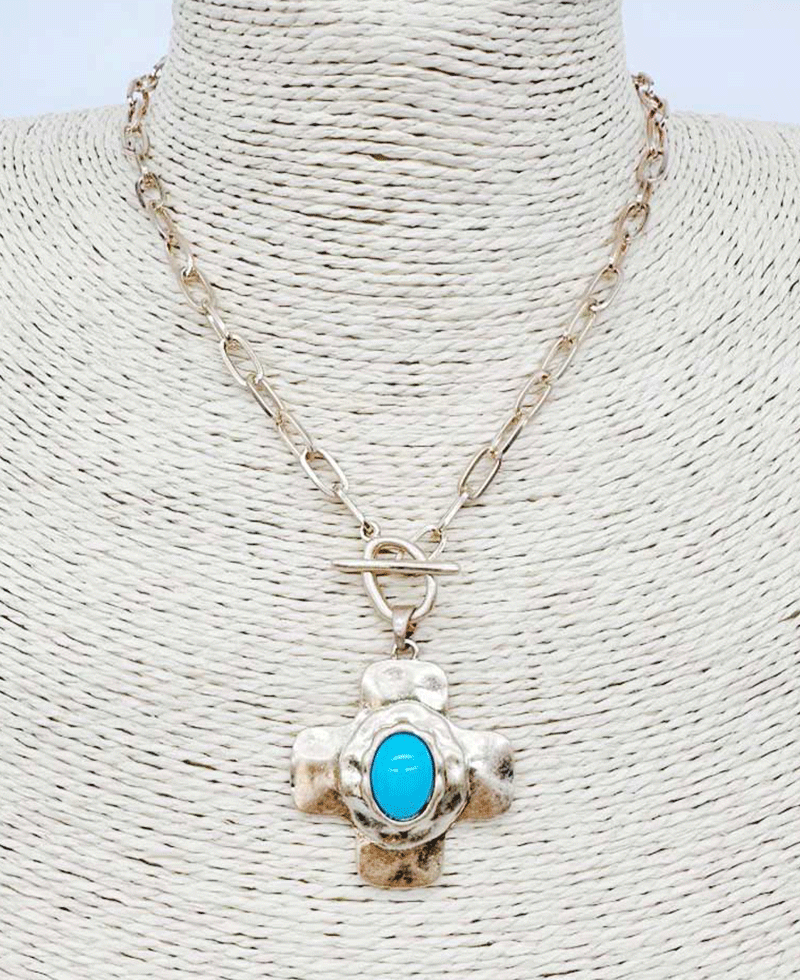 Oval Pearl / Stone Hammered Cross Toggle Necklace