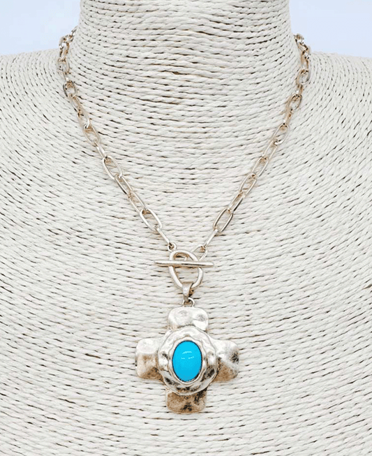 Oval Pearl / Stone Hammered Cross Toggle Necklace