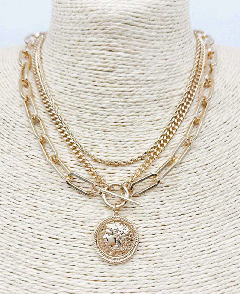 Vintage Style Coin Pendant Multi Layered Chain Necklace