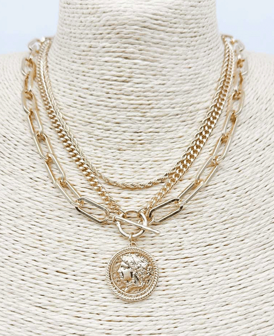 Vintage Style Coin Pendant Multi Layered Chain Necklace