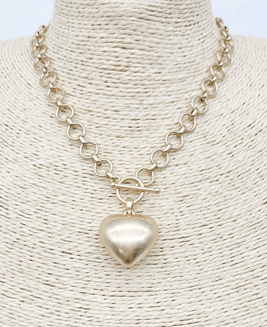 Puffy Heart Pendant Rolo Chain Toggle Necklace