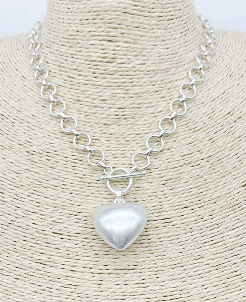 Puffy Heart Pendant Rolo Chain Toggle Necklace