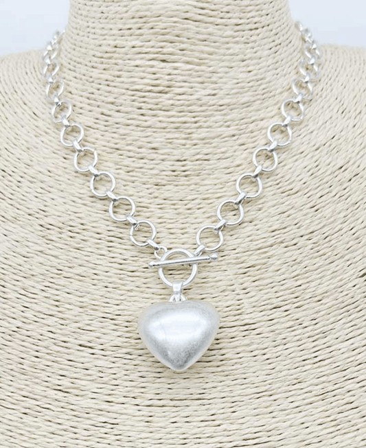 Puffy Heart Pendant Rolo Chain Toggle Necklace