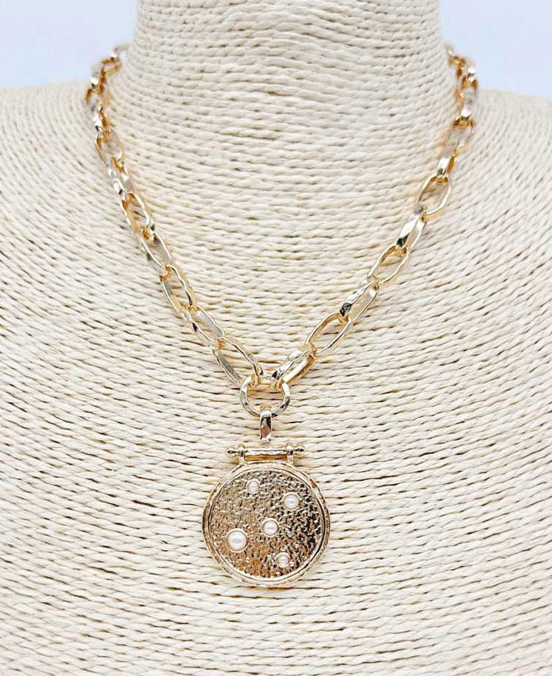Textured Medallion Pendant link Chain Necklace
