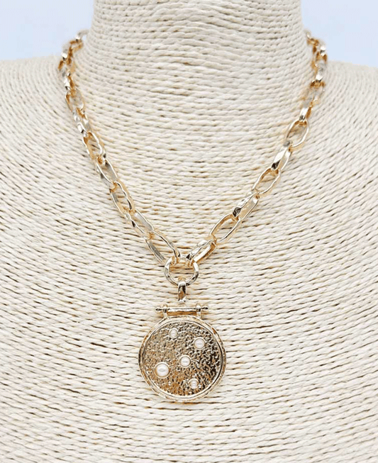 Textured Medallion Pendant link Chain Necklace