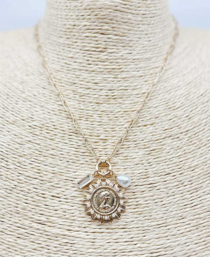 Spiked Sunburst Medallion w/ Crystal & Pearl Chain Necklace