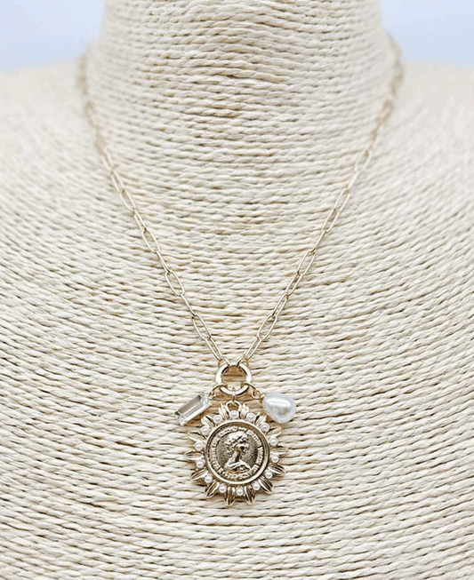 Spiked Sunburst Medallion w/ Crystal & Pearl Chain Necklace