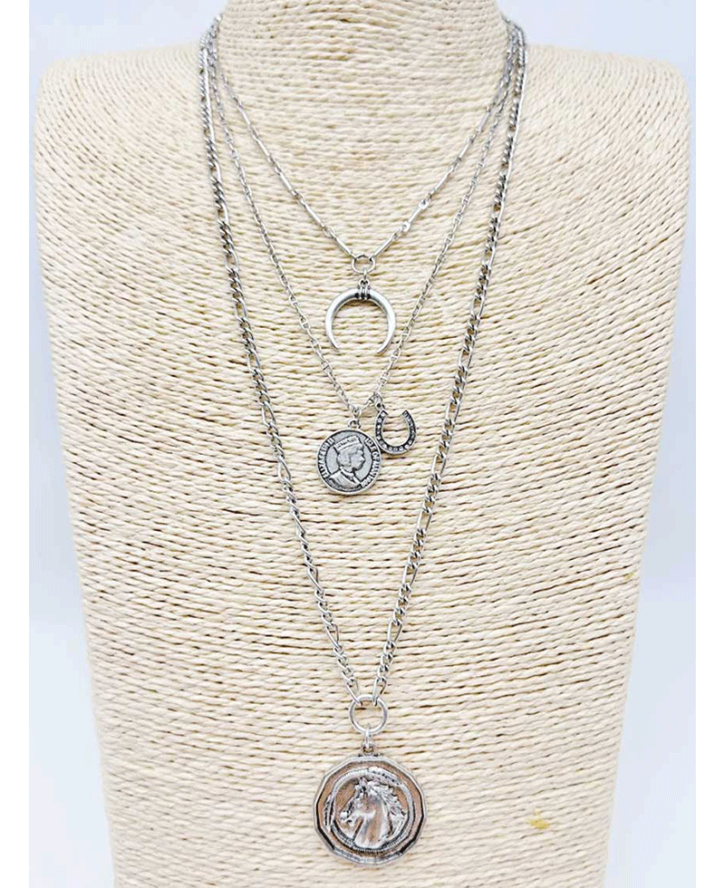Multi Layerd Crescent Moon & Coin Pendant Necklace