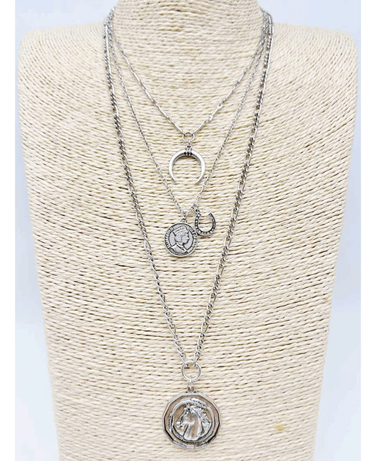 Multi Layerd Crescent Moon & Coin Pendant Necklace