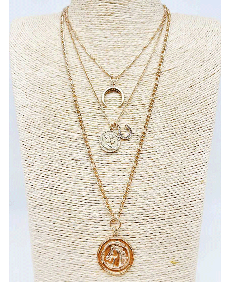 Multi Layerd Crescent Moon & Coin Pendant Necklace