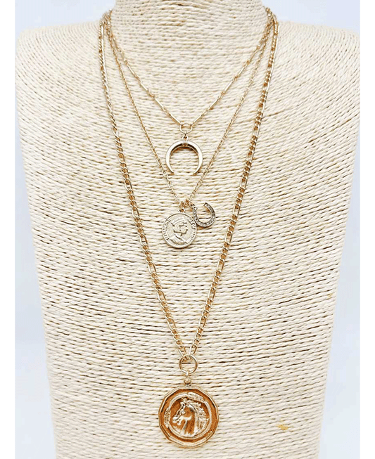 Multi Layerd Crescent Moon & Coin Pendant Necklace