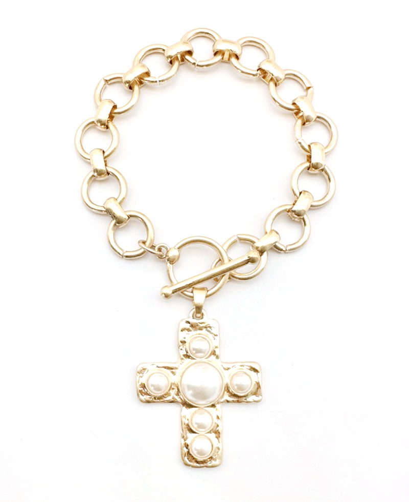 Hammered Cross Charm w/ Pearl Link Toggle Bracelet