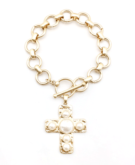 Hammered Cross Charm w/ Pearl Link Toggle Bracelet