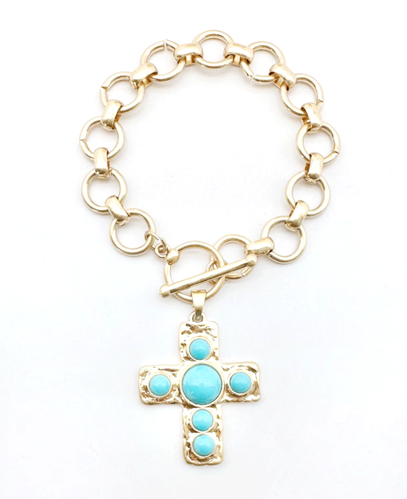 Hammered Cross Charm w/ Stone Link Toggle Bracelet