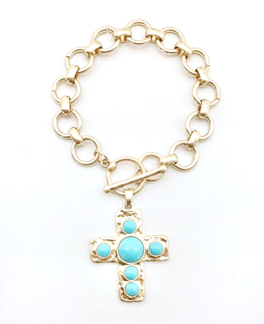 Hammered Cross Charm w/ Stone Link Toggle Bracelet