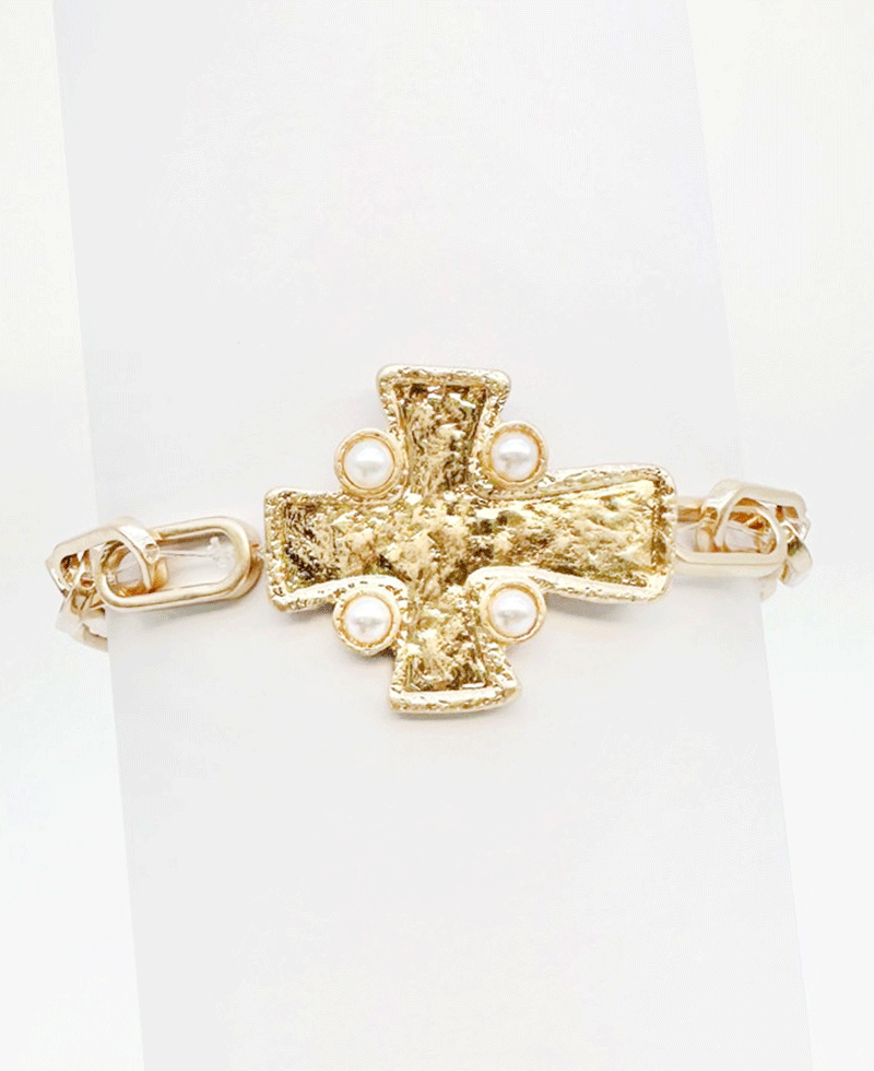 Textured Cross w/ Pearl Link Bracelet
