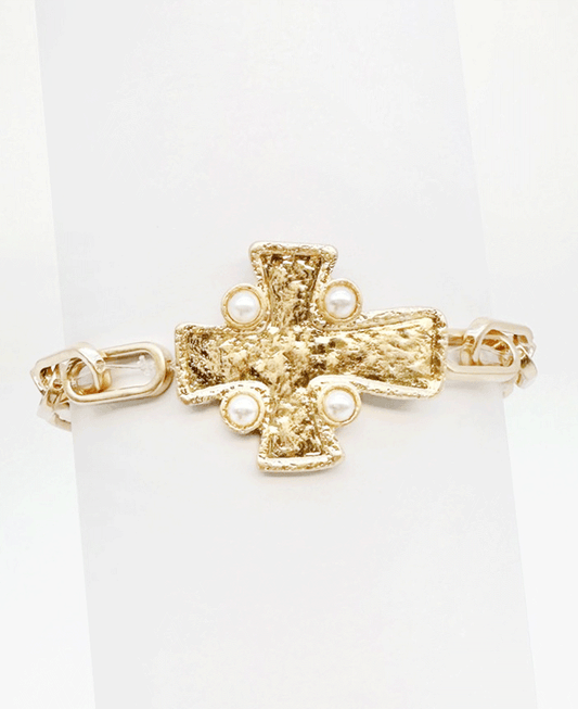 Textured Cross w/ Pearl Link Bracelet