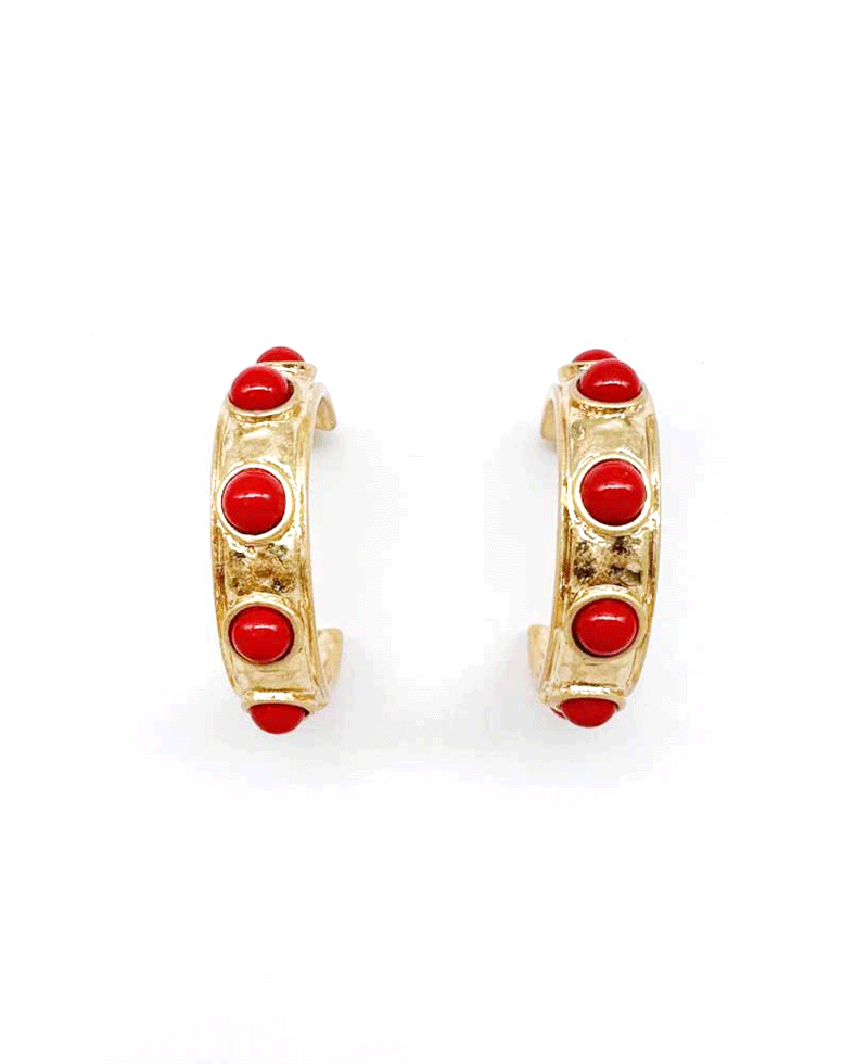 Textured Metal Bezel Stone Hoop Earring