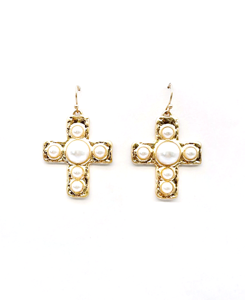 Textured Metal Bezel-Set Cross Earring