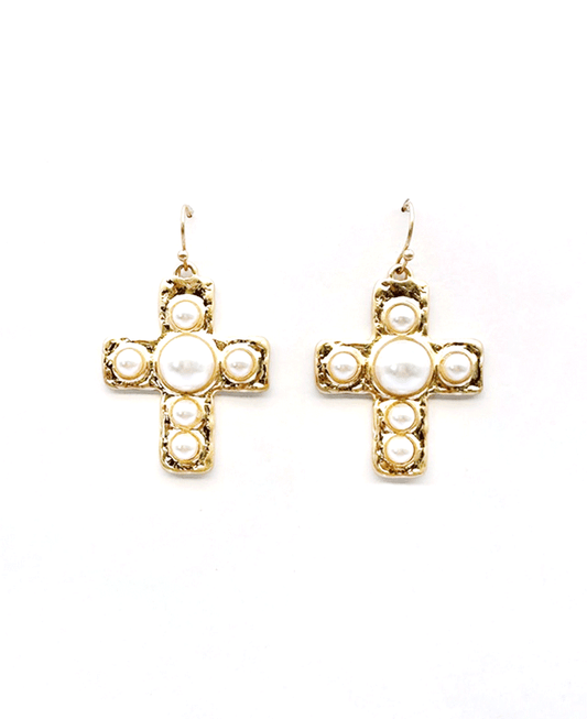 Textured Metal Bezel-Set Cross Earring