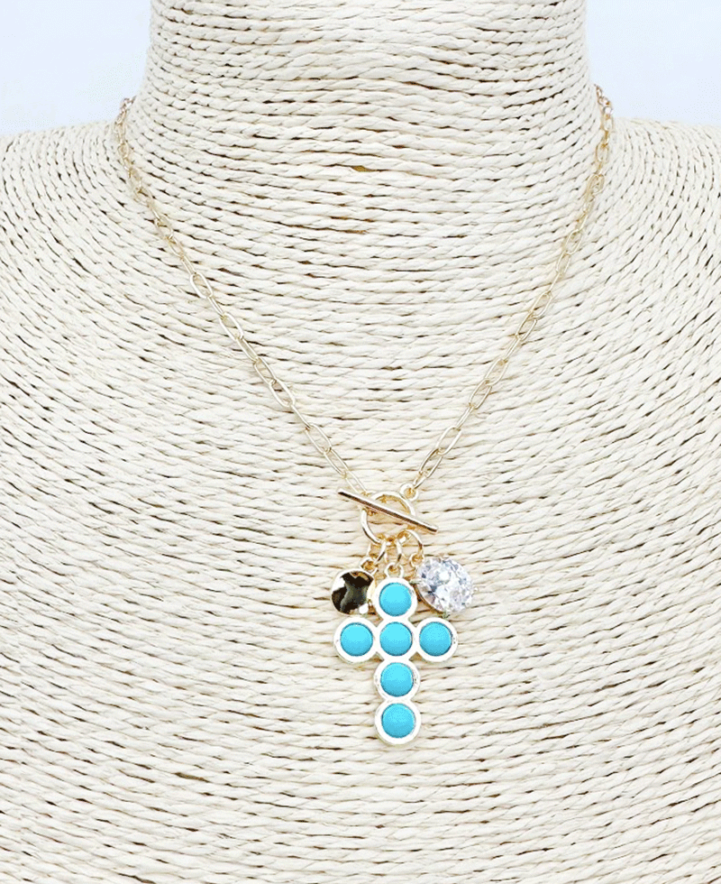 Bezel Set Turquoise Cross w/ Charms Link Chain Necklace