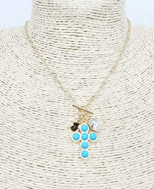 Bezel Set Turquoise Cross w/ Charms Link Chain Necklace
