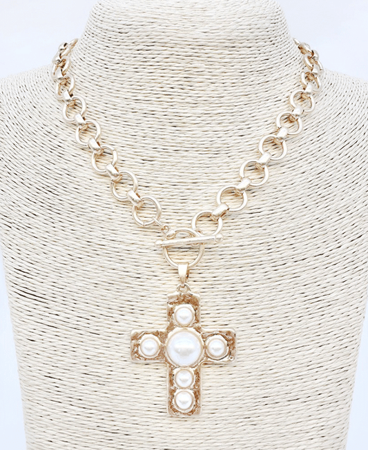 Pearl Accent Cross Circle Chain Toggle Necklace