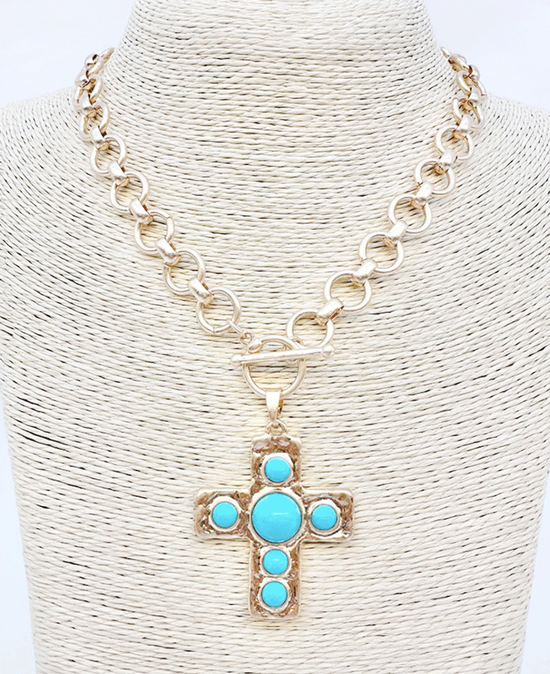 Pearl / Stone Accent Cross Circle Chain Toggle Necklace