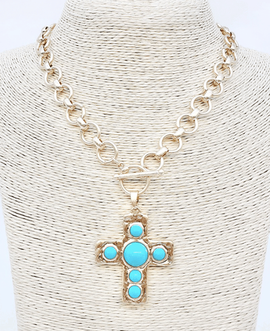 Pearl / Stone Accent Cross Circle Chain Toggle Necklace