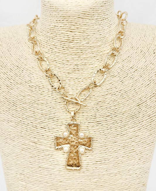 Textured Cross w/ Pearls Oval Link Chain Necklace