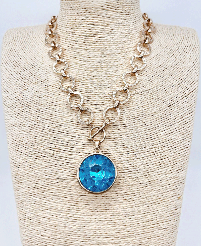 Bezel Set Hammered Link Chain Toggle Necklace