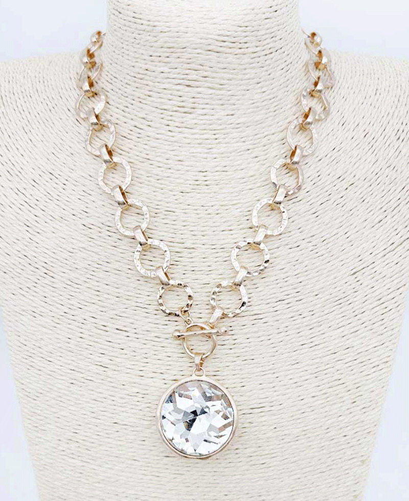 Bezel Set Hammered Link Chain Toggle Necklace