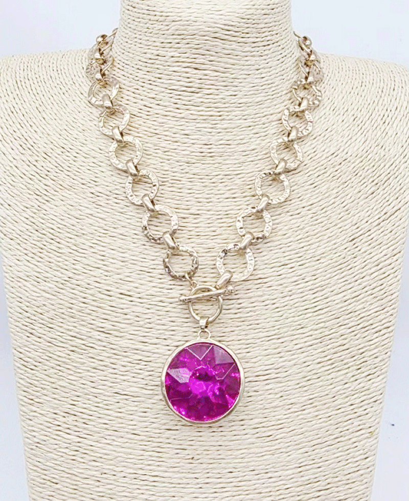 Bezel Set Hammered Link Chain Toggle Necklace